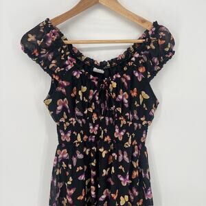 NOBO XS Whimsical Fairycore Butterfly Chiffon Midi Dress Smocked Off Shoulder